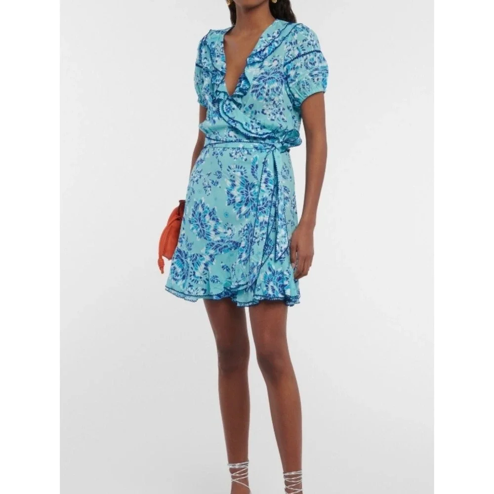 Poupette St Barth Aude‎ Mini Wrap Dress Womens Large Blue Floral Ruffle Viscose